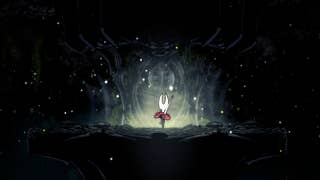Hornet interacts with an altar that gives them the Silkspear Skill in Hollow Knight: Silksong