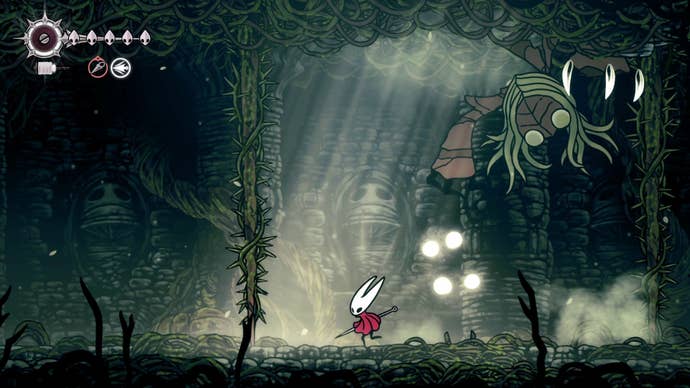 Hornet runs from Sister Splinter's hand smash attack in Shellwood in Hollow Knight: Silksong