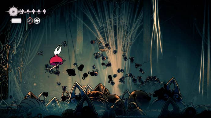 Hornet uses the Drifter's Cloak to glide over Widow's floor AoE attack in Hollow Knight: Silksong