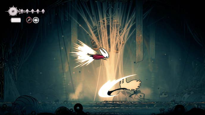 Hornet dashes over Widow's melee attack in Hollow Knight: Silksong