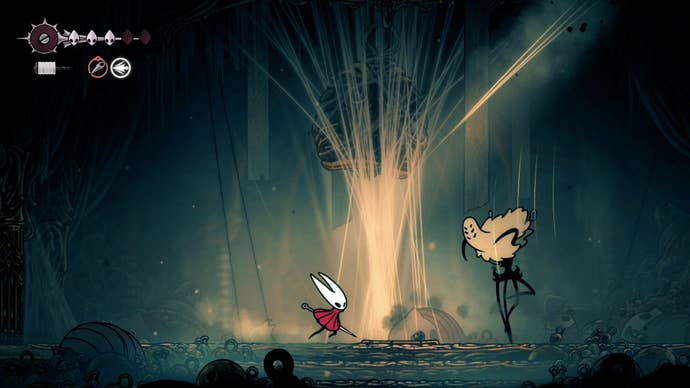 Hornet dashes out of the way of one of Widow's projectile bell attacks in Hollow Knight: Silksong