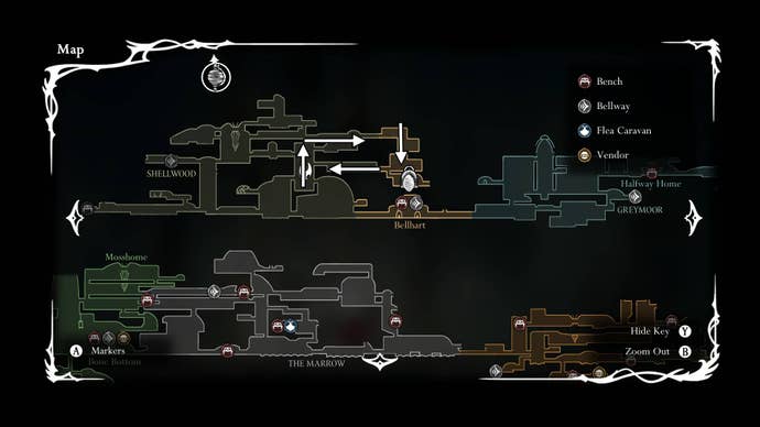 A map that shows a shortcut to the Shellwood Bench from Widow is shown in Hollow Knight: Silksong