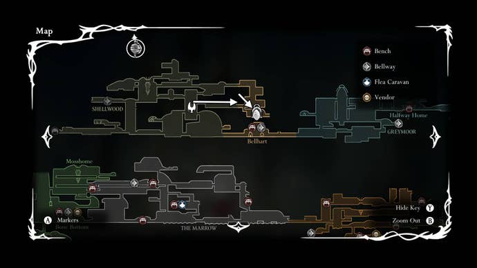 A map that shows the location of Widow in Hollow Knight: Silksong is shown
