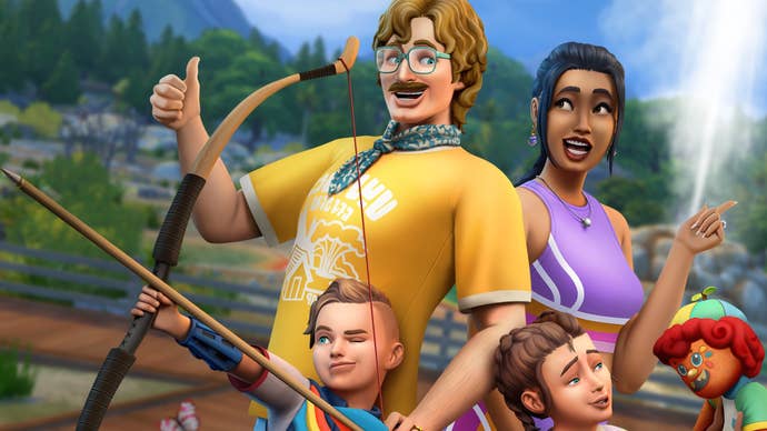 Promotional art for The Sims 4's Adventure Awaits expansion showing a family posing cheerfully against a backdrop of lush forests and looming mountains.