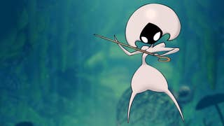 Lace, a msuhroom headed bug in Silksong, poses with a needle over a green background.