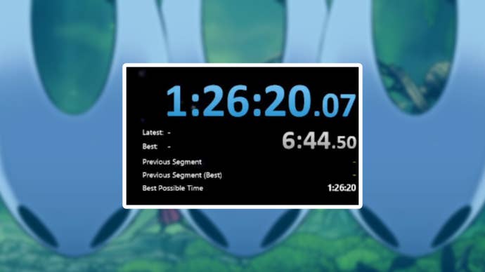 Image of Silksong's Hornet character with speedrun time superimposed