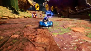 A front on view of Sonic racing in his kart in Sonic Racing: Crosssworlds.