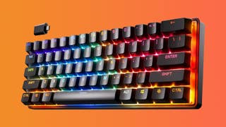 SteelSeries Apex Pro Mini Wireless gaming keyboard on a gradient background