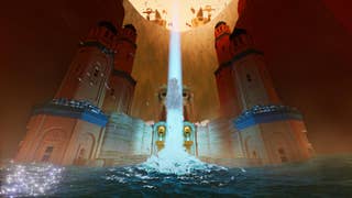 Sword of the Sea screenshot showing a temple filling with water and life