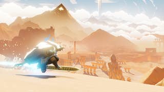 Sword of the Sea official screenshot showing the Wraith surfing on their sword through the golden desert and its scenic ruins