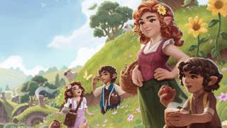 Artwork for Tales of the Shire showcasing four hobbits standing on a hill with butterflies, sheep and a chicken in the background.