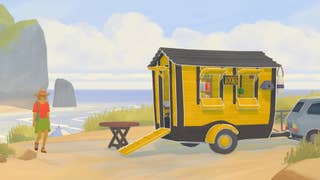 Tiny Bookshop screenshot showing a quaint yellow wagon with a jaunty "books" sign in its window parked on a beach as a customer approaches.