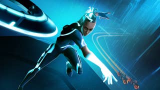 Tron: Catalyst artwork showing a character in a neon-lit sci-fi arena with Triton motorcycles leaving a light path below.