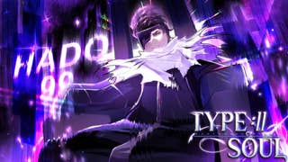 Artwork for the Roblox game Type Soul, showing a powerful looking anime-inspired character sitting on a throne who is surrounded by a purple glow.