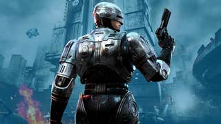 Robocop, looking over his shoulder with back to camera and gun raised, overlaid on a picture of an under siege, futuristic tower block with a blue hue over it.