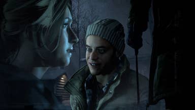 Until Dawn composite image showing Hayden Panettiere as Samantha, Rami Malek as Joshua, and the silhouette of a person holding a machete, all superimposed over an eerie winter scene.