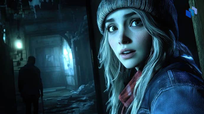 An Until Dawn screenshot showing a female character standing in a gloomy, derelict building with her face to the camera while a shadowy figure stands ominously in the background.