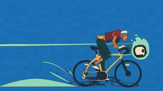 Wheel World key art showing a cyclist dashing left to right closely following a little ghostly skull, against sky blue wash of a background