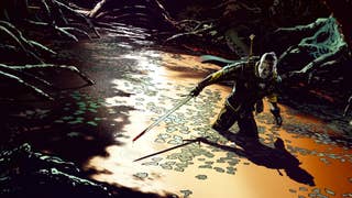 Artwork showing the witcher Geralt wading through what appears to be a swamp, but the water has turned orange in the dying light of the sun. Geralt's sword is drawn and bloody. Something must live here.
