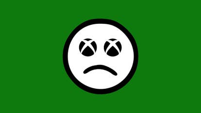 A sad face emoji with two Xbox X symbols for eyes, on an Xbox Green background