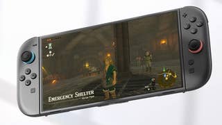 Zelda Tears of the Kingdom being played on a Switch 2 in handheld mode, sort of floating on a greyed out background.